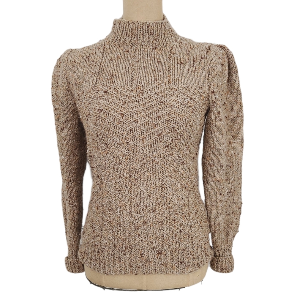 Vintage Marled Knit Mock Neck Puff Sleeve Sweater - Picture 1 of 9